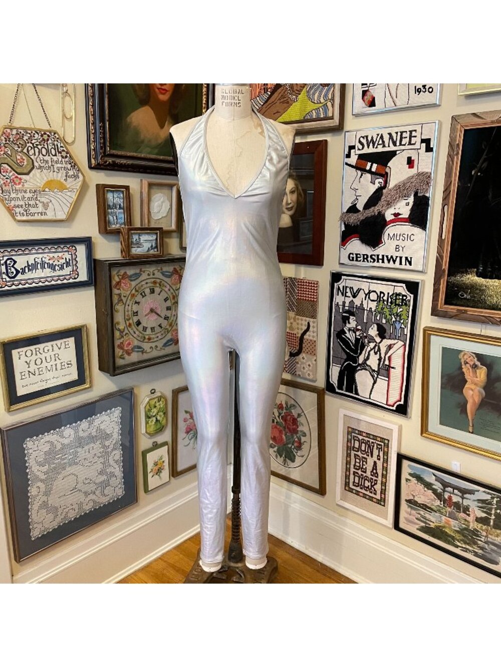 American Apparel Iridescent Silver Halter Neck Full Leg Unitard Bodysuit Size L
